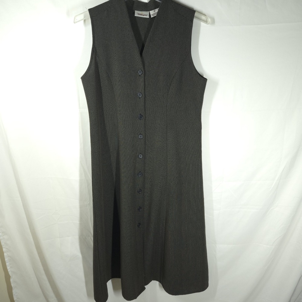 Vtg 90s Worthington Sleeveless Dress Size 10 Brown Herringbone Button Front Midi